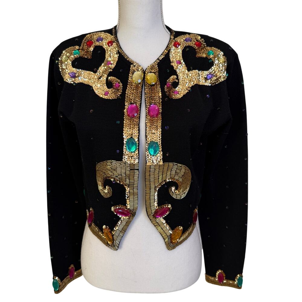 Vintage Outlander Cardigan Womens Size Small Black Beaded Wool Blend Hong Kong